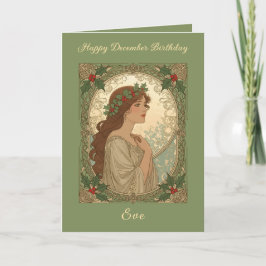 Tarjeta December Birthday Holly Berries Art Nouveau Style