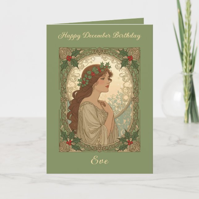 Tarjeta December Birthday Holly Berries Art Nouveau Style (Anverso)