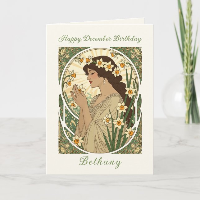 Tarjeta December Birthday Narcissus Art Nouveau Design (Anverso)