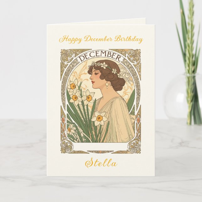 Tarjeta December Birthday Narcissus Illustration Art Nouve (Anverso)