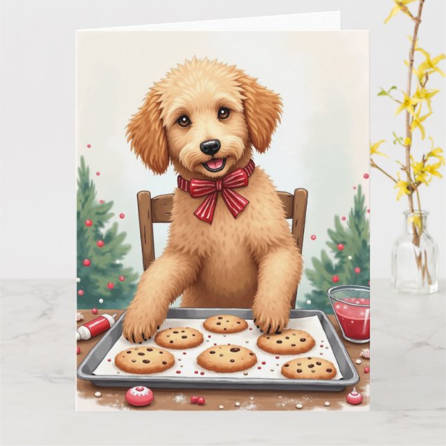 Tarjeta Decoración de Galletas de Navidad con Golden Doodl (flor amarilla)