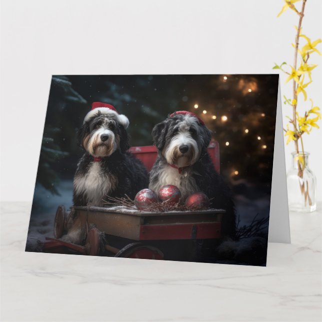 Tarjeta Decoración de los Navidades de Bernedoodle Snowy S (flor amarilla)