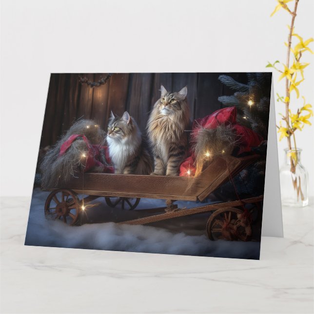 Tarjeta Decoración de los Navidades Maine Coon Snowy Sleig (flor amarilla)