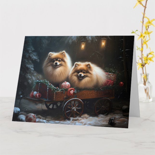 Tarjeta Decoración de los Navidades Pomerania Snowy Sleigh (flor amarilla)