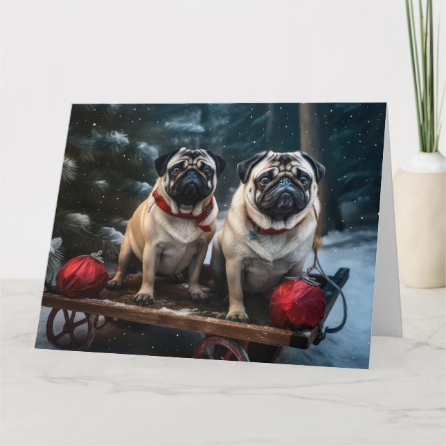 Tarjeta Decoración de los Navidades Pug Snowy Sleigh (Anverso)
