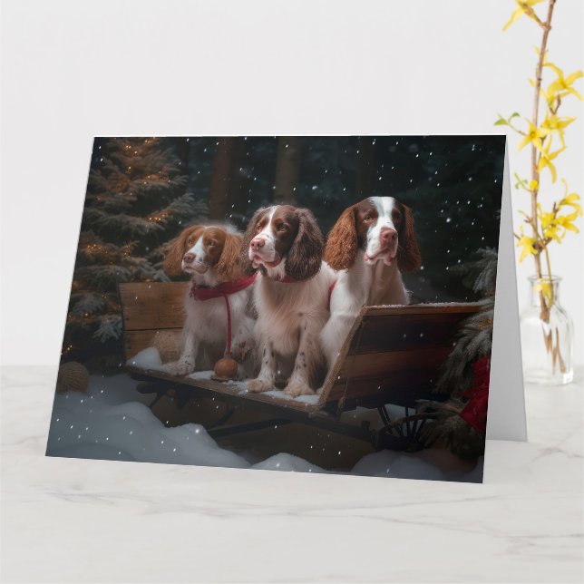 Tarjeta Decoración de Navidades Brittany Spaniel Snowy Sle (flor amarilla)