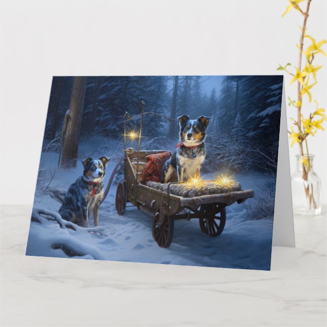 Tarjeta Decoración de Navidades de Blue Heeler Snowy Sleig (flor amarilla)