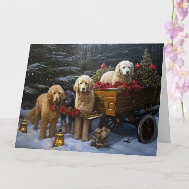 Tarjeta Decoración de Navidades Goldendoodle Snowy Sleigh (Orquídea)