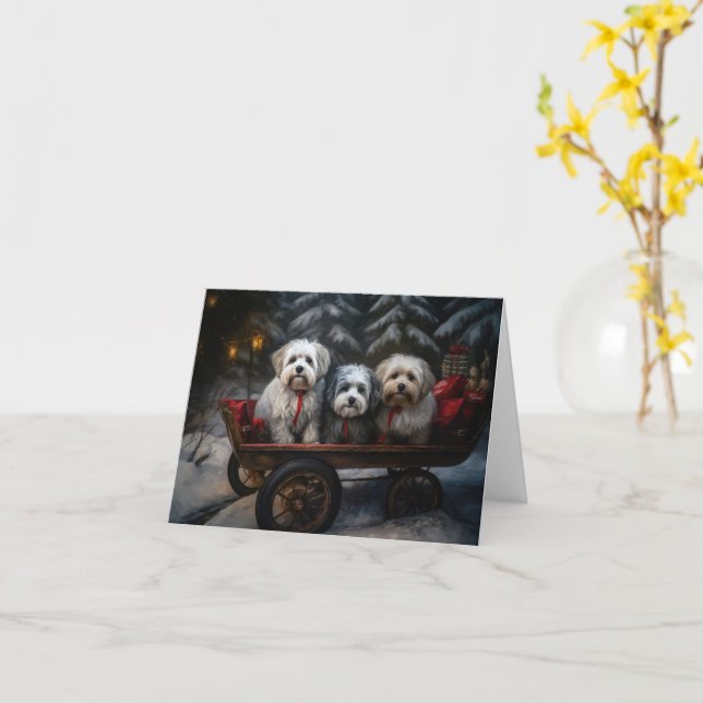 Tarjeta Decoración de Navidades Havanese Snowy Sleigh (flor amarilla)
