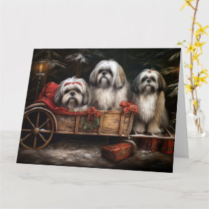 Tarjeta Decoración de Navidades Lhasa Apso Snowy Sleigh
