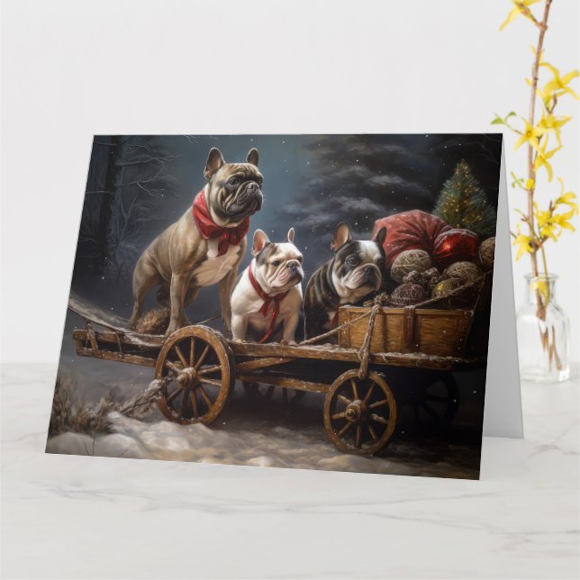 Tarjeta Decoración de Navidades Snowy Sleigh Bulldog franc (flor amarilla)