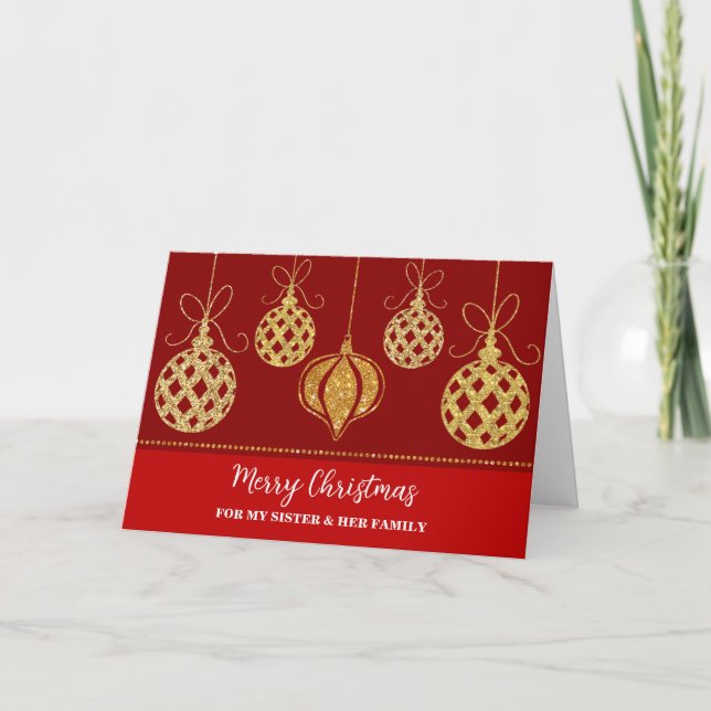 Tarjeta Decoraciones de oro Hermana y Familia Feliz Navida (Anverso)
