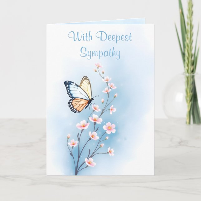 Tarjeta Deepest Sympathy Blue Watercolor Flor Mariposa (Anverso)