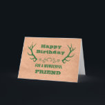Tarjeta Deer Antlers Vintage Friend Cumpleaños<br><div class="desc">Tarjeta de cumpleaños para un amigo con papel de artesanía vintage y corderos de venado verde y verso reflexivo.</div>