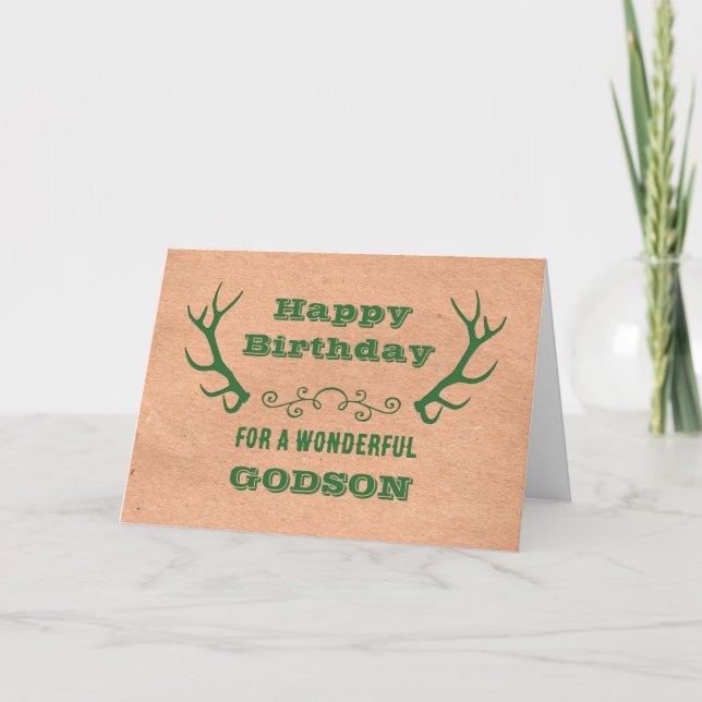 Tarjeta Deer Antlers Vintage Godson Cumpleaños (Anverso)