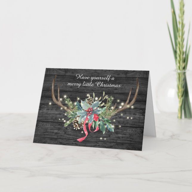 Tarjeta Deer Antlers y Navidades Bouquet en la madera (Anverso)