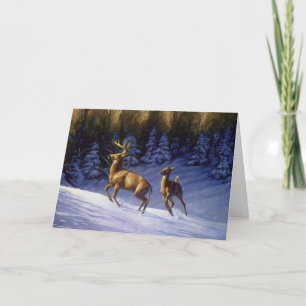 Tarjeta Deer blanco y perro en la nieve de invierno