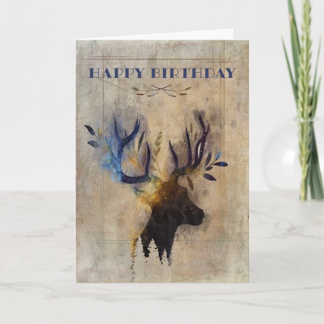 Tarjeta Deer de acuarela rústica masculina de cumpleaños (Anverso)
