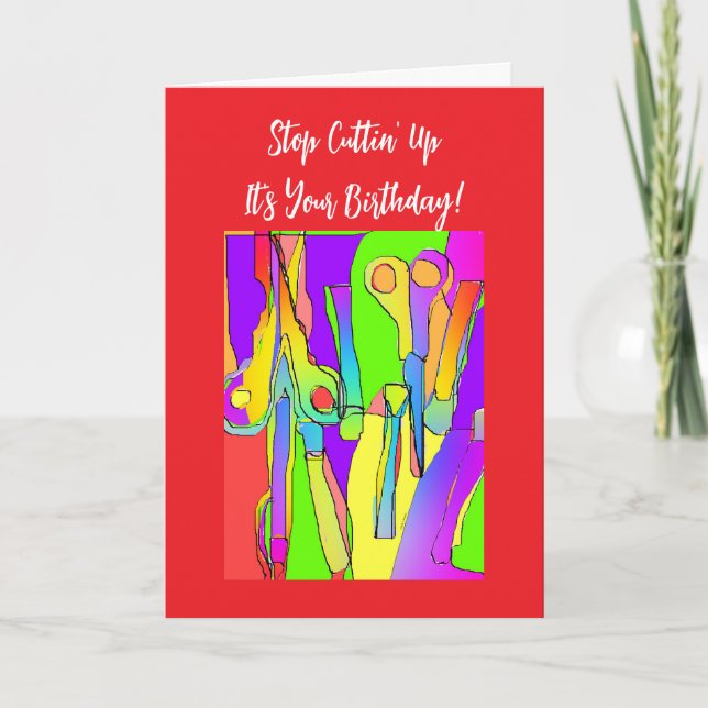 Tarjeta ¡Deja de cortar, es tu cumpleaños! (Anverso)