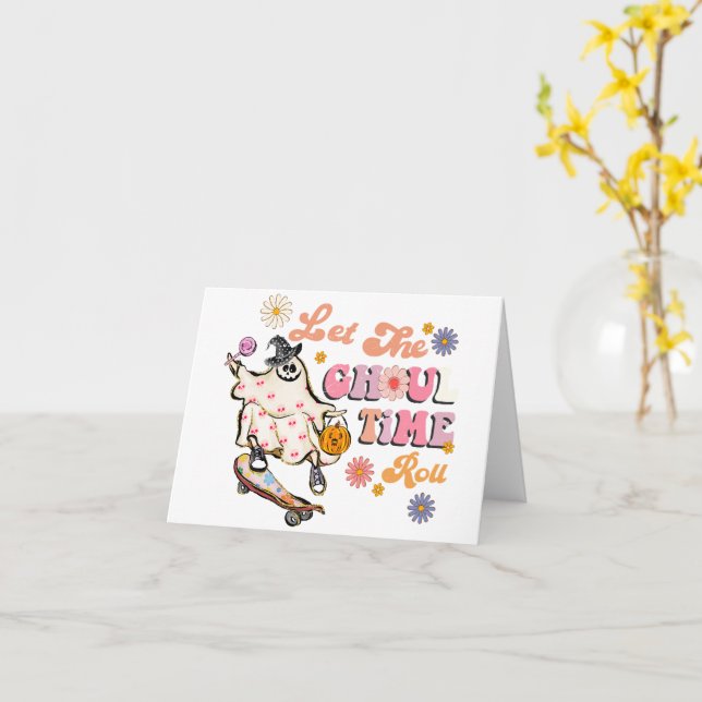 Tarjeta Deja que ruede el tiempo de los ghouls Retro Hallo (flor amarilla)