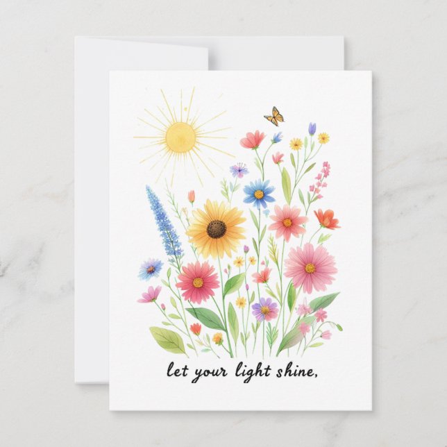 Tarjeta Deja que tu luz brille flores y sol (Anverso)