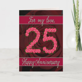 Tarjeta del 25 aniversario con rosas y hojas
