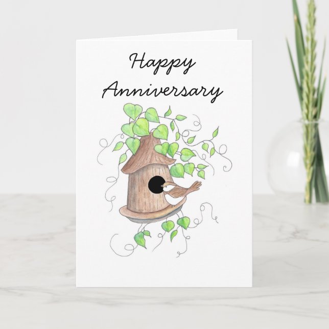 Tarjeta del aniversario, Chickadee en Birdhouse (Anverso)