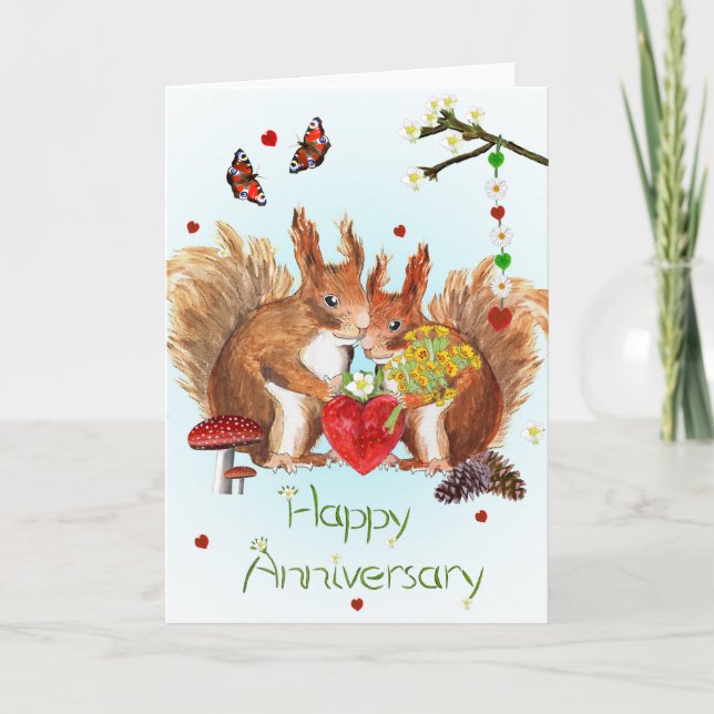 Tarjeta del "aniversario feliz" con las ardillas (Anverso)