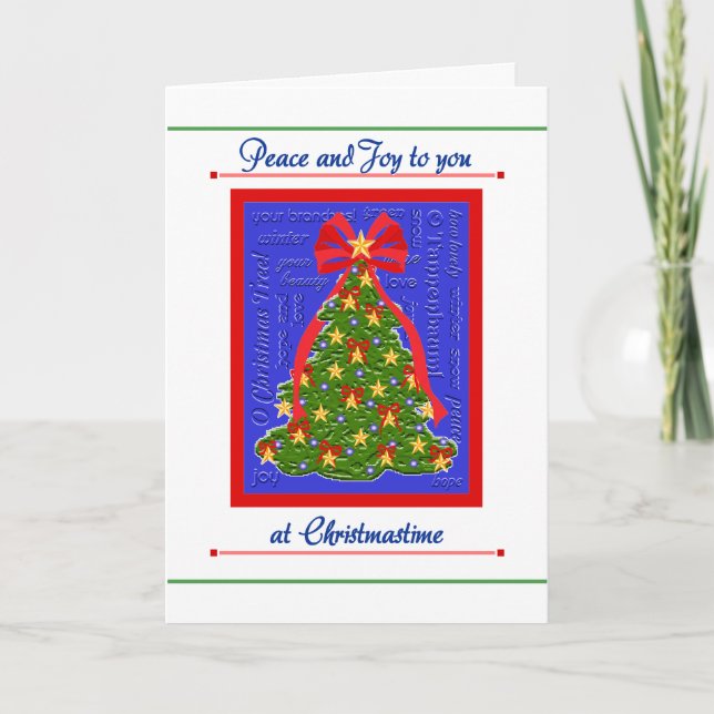 Tarjeta del árbol de navidad, paz y alegría, (Anverso)