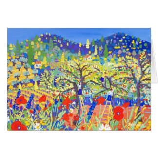 Tarjeta del arte: Cerezas, amapolas y margaritas,