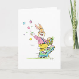 Tarjeta del conejo de Pascua en patines