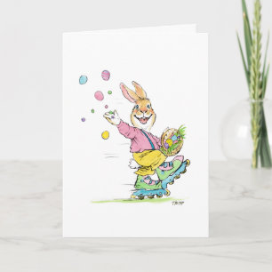 Tarjeta del conejo de Pascua en patines