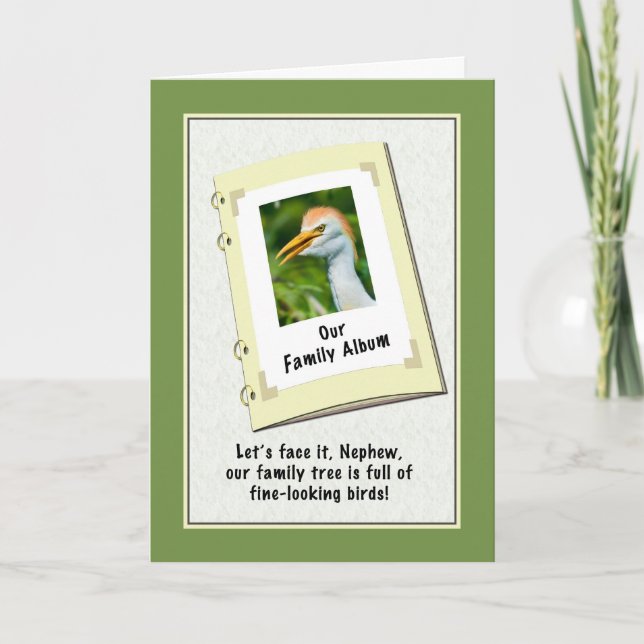 Tarjeta del cumpleaños del sobrino con el Egret de (Anverso)