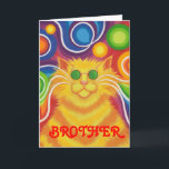 tarjeta del "cumpleaños maravilloso" de "Brother"<br><div class="desc">¡Bebé maravilloso! Un gato rayado amarillo y anaranjado con barbas que remolinaban y un arco iris psicodélico modeló el fondo. Tarjeta de felicitaciones con un diseño adaptable del amarillo, del naranja, del rojo, del azul, del verde, del rosa, del púrpura, y blanco para que usted personalice con su propio texto,...</div>