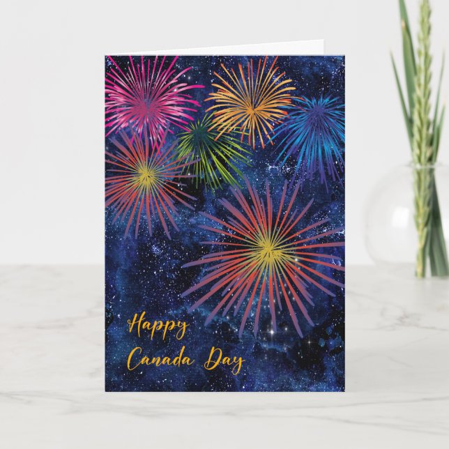 Tarjeta del Día de Canadá con fuegos artificiales (Anverso)