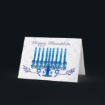 tarjeta del día de fiesta de Jánuca con el menorah<br><div class="desc">la tarjeta del día de fiesta de Jánuca con el menorah en tarjeta de felicitación azul y blanca de Menorah Jánuca en azul y blanco, Menorah hizo usando la tableta gráfica, en las dos ramas de olivo inferiores, Jánuca feliz, usted puede tener esto personalizado con nombres y los apellidos, apenas...</div>