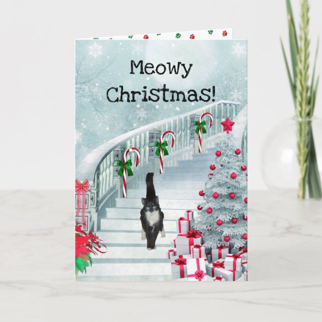 Tarjeta del día de fiesta del gato del navidad del (Anverso)