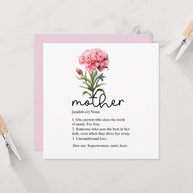 Tarjeta del día de la madre con clavel rosa (Anverso/Reverso In Situ)
