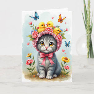 Tarjeta del Día de la Madre con Floral Gatito Dulc