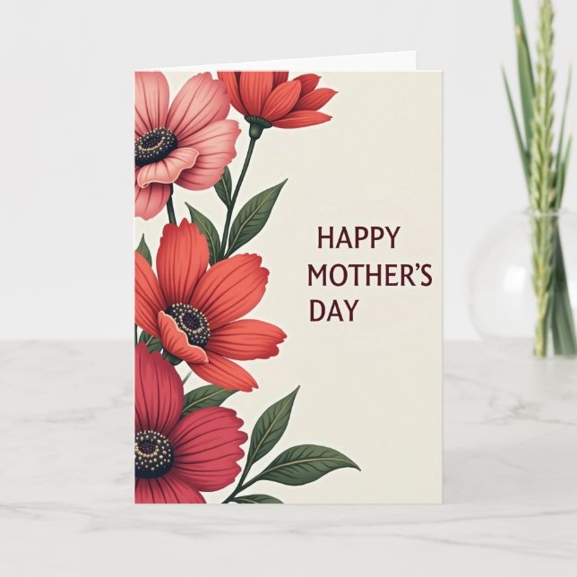 Tarjeta del Día de la Madre con Flores Carmesíes (Anverso)