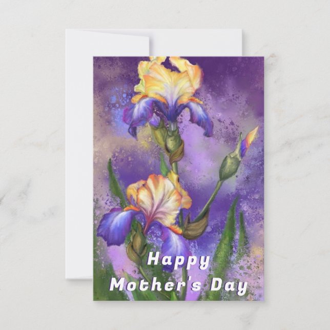 Tarjeta del día de la madre con flores de iris mor (Anverso)