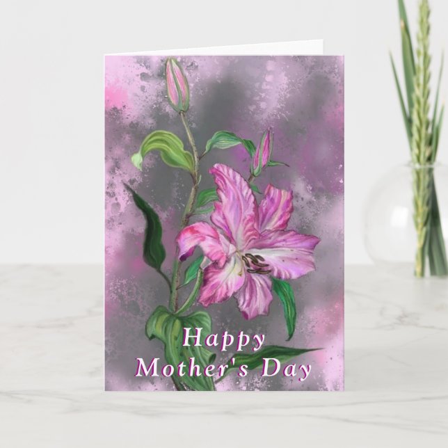 Tarjeta del Día de la Madre con flores de lirio ro (Anverso)