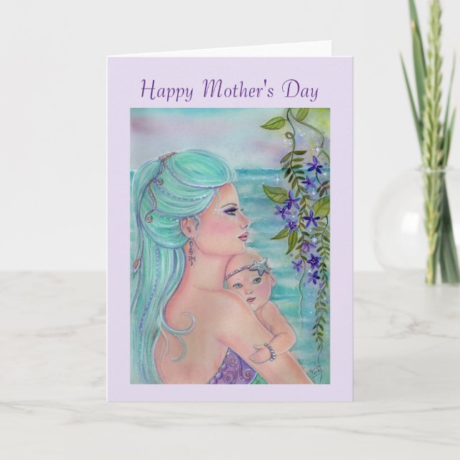 Tarjeta del día de la madre con sirena y bebé de R (Anverso)