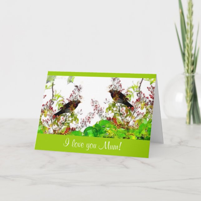 Tarjeta del día de la madre de aves negras y Roseh (Anverso)