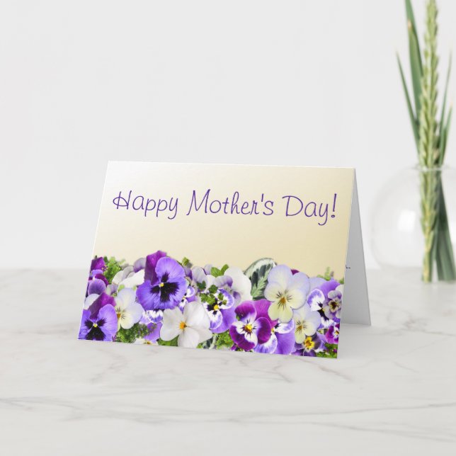 Tarjeta del día de la madre de pansies morados (Anverso)