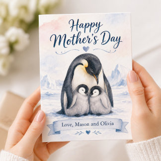 Tarjeta del Día de la Madre de Pingüino en Acuarel
