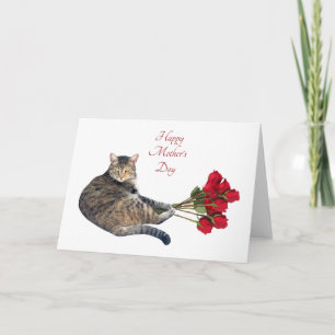 Tarjeta del día de la madre del gato con rosas roj