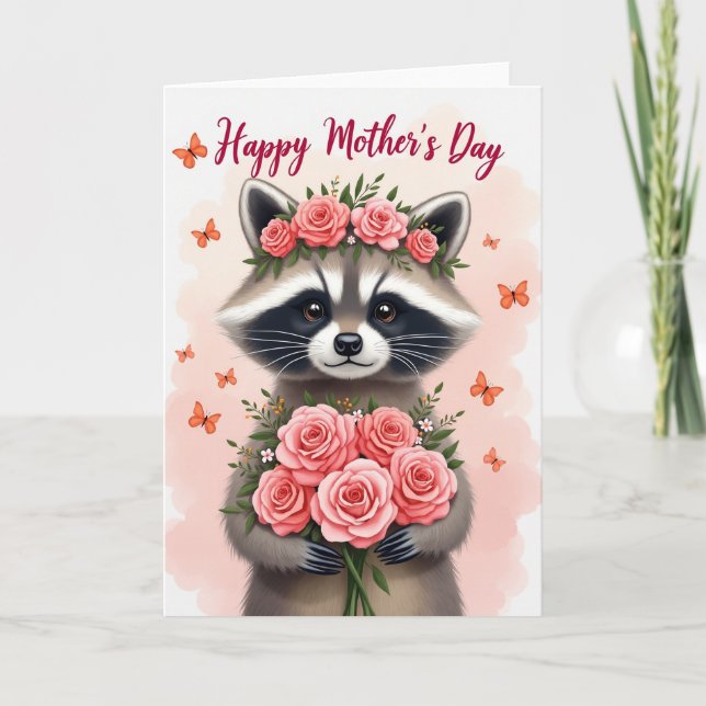 Tarjeta del Día de la Madre del Mapache Rosa (Anverso)