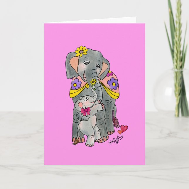 Tarjeta del día de la madre elefante y la hija (Anverso)