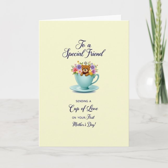 Tarjeta del Día de la Madre Flores en Taza de Té (Anverso)